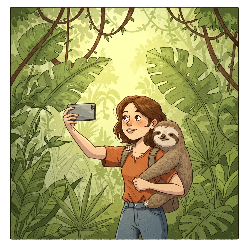 Illustration of a woman taking a selfie with a sloth on her back