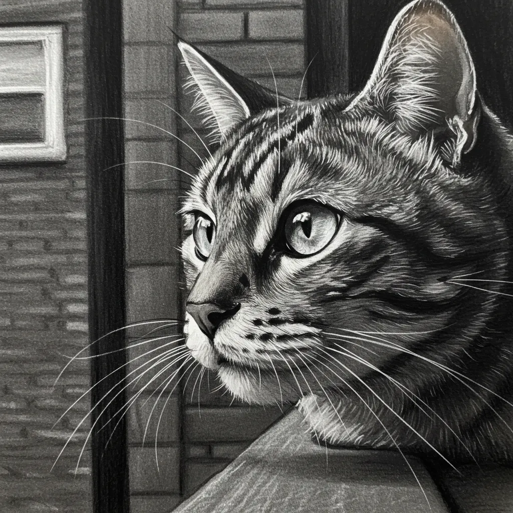 Charcoal sketch of a cat against a window